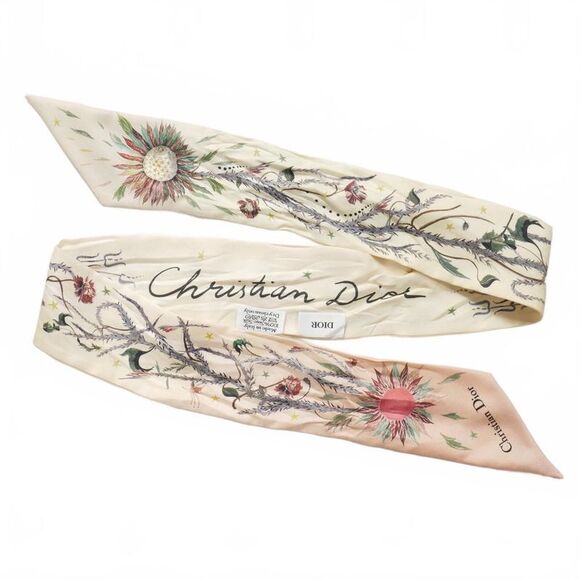 Christian DIOR Silk Scarf Mitzah Floral Pattern Beige